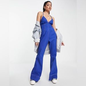 ASOS DESIGN twill strappy back wide leg jumpsuit in denim blue